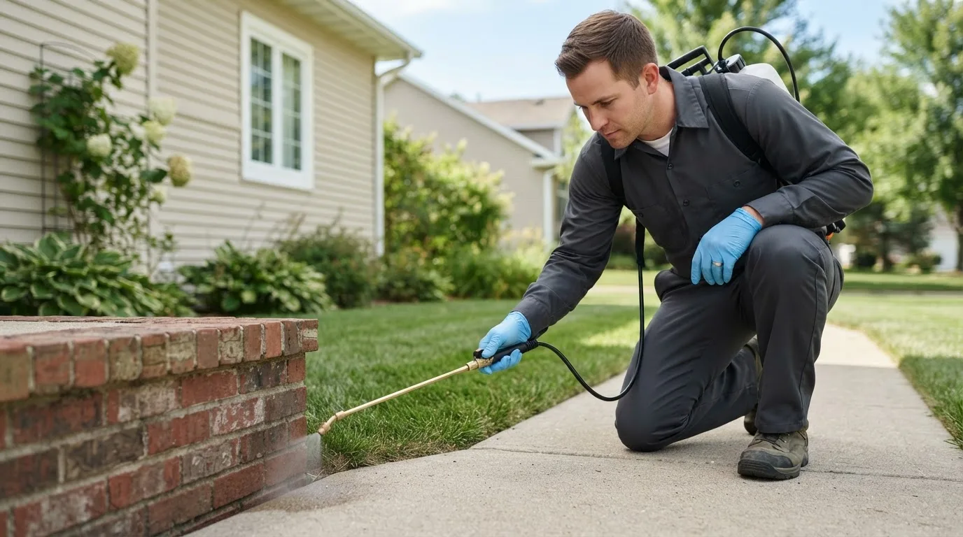 Pest control technician treating a home near Garfield, KS
